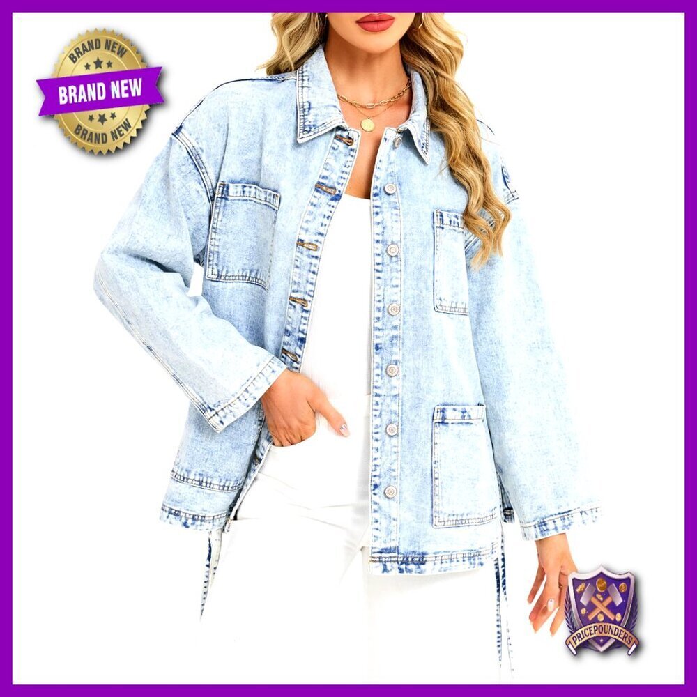 Oversized Denim Jacket Western Boho Boyfriend Fit Side Tie Casual Shacket